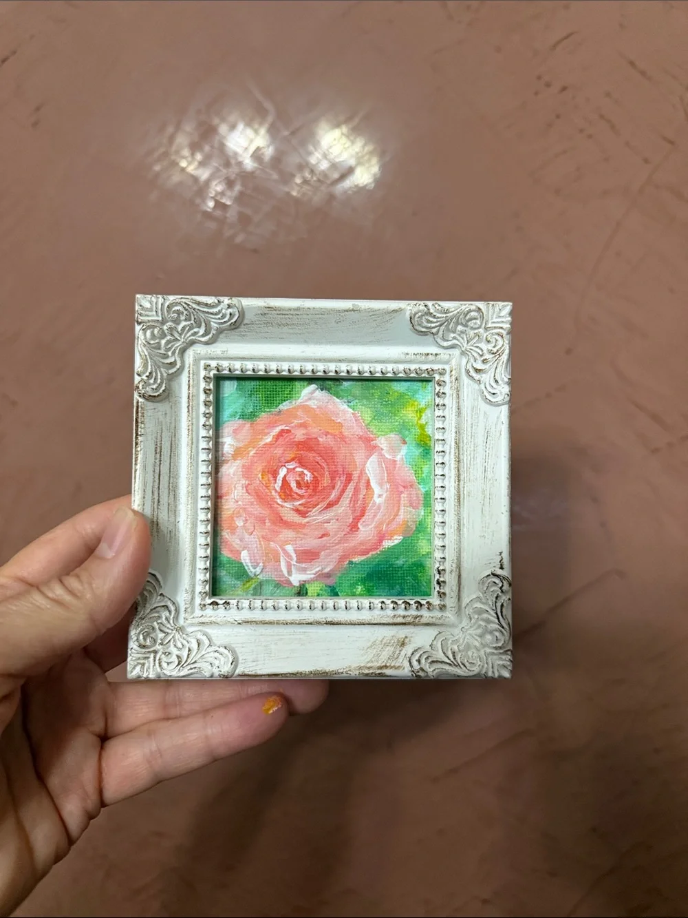 Hand-Painted Pink Rose Mini Wall Art in White Ornate Frame
